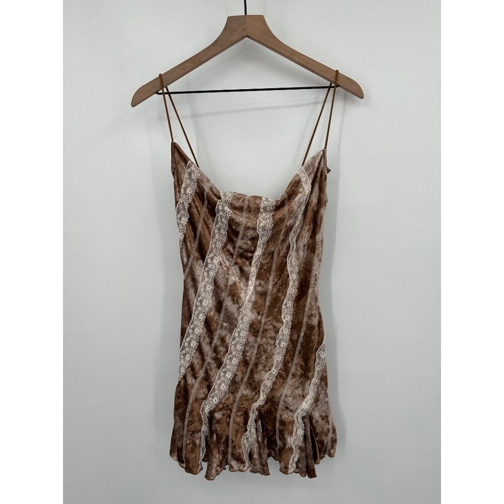 Draped Neck Velvet Cami Dress Women 6 Lace Trim Ruffle Hem Brown Grunge Fairy